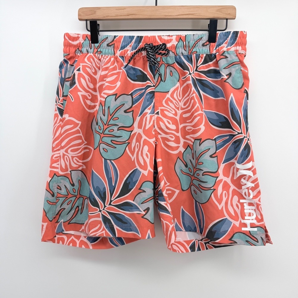 Hurley Shorts Mens L Orange Floral Tropical Lined Performance Swim Trunks Beach